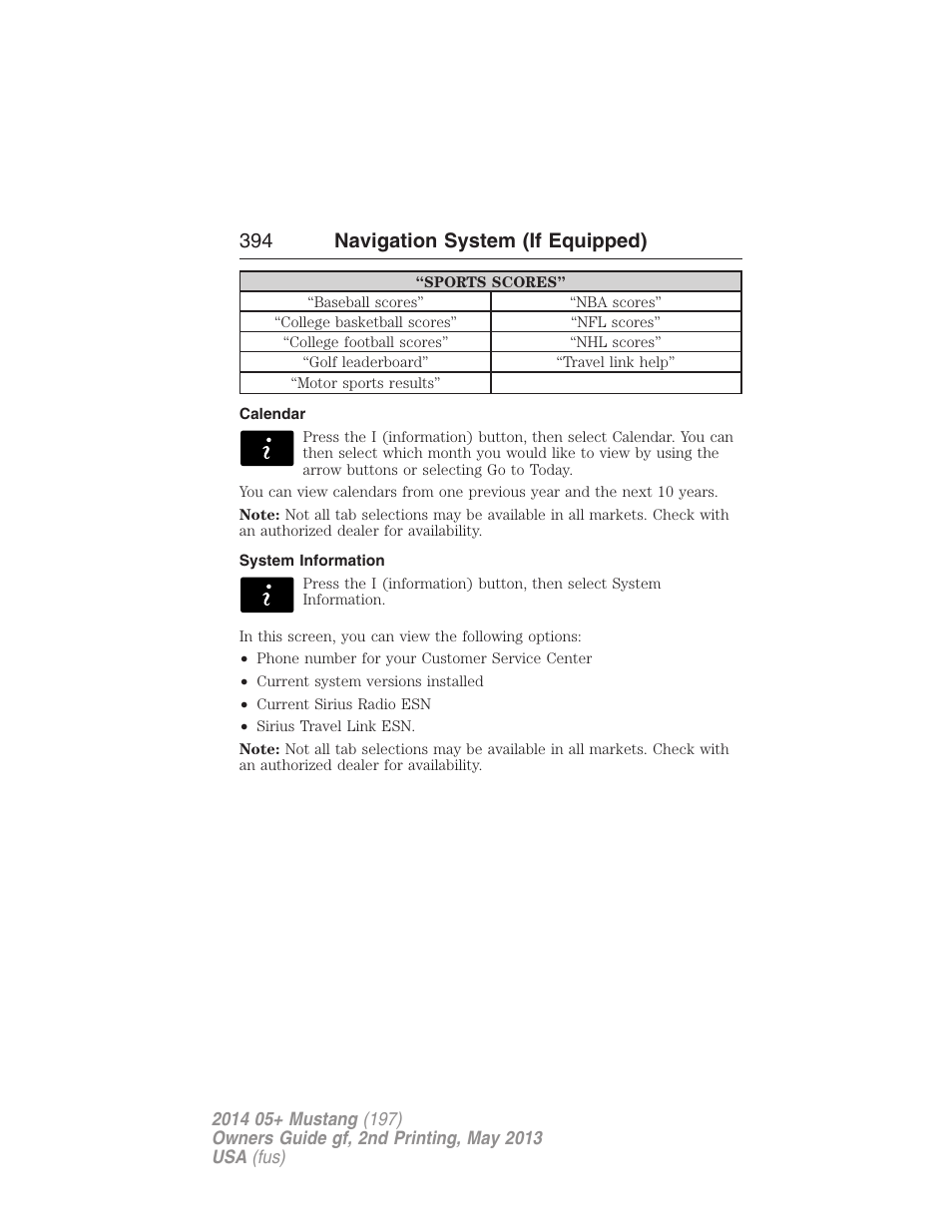 Calendar, System information, 394 navigation system (if equipped) | FORD 2014 Mustang v.2 User Manual | Page 395 / 455