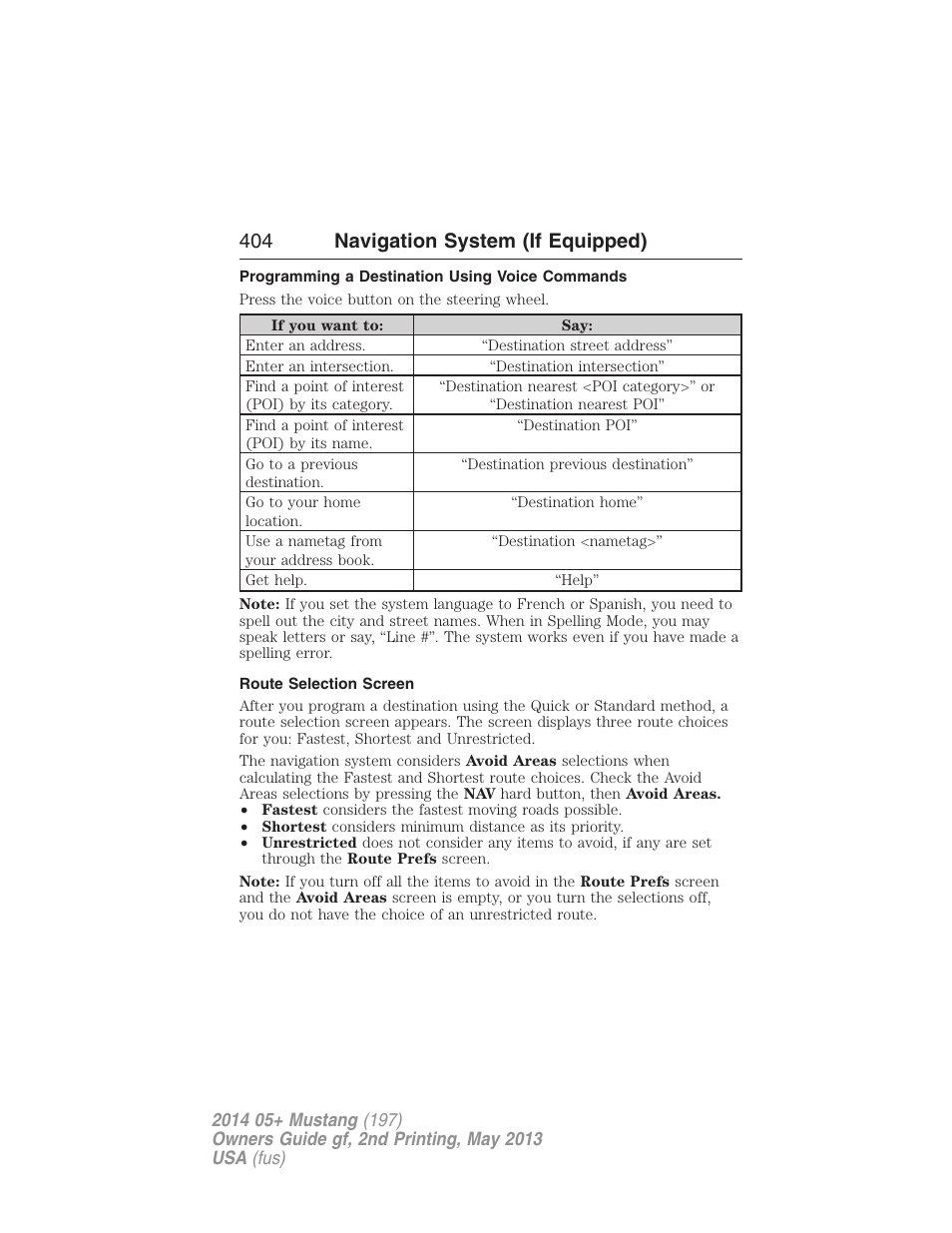 Programming a destination using voice commands, Route selection screen, 404 navigation system (if equipped) | FORD 2014 Mustang v.2 User Manual | Page 405 / 455