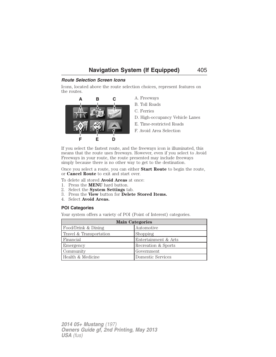 Route selection screen icons, Poi categories, Navigation system (if equipped) 405 | FORD 2014 Mustang v.2 User Manual | Page 406 / 455