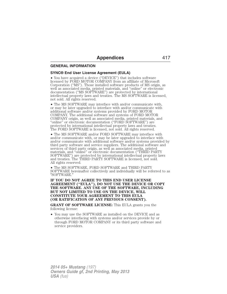 Appendices, General information, Sync® end user license agreement (eula) | Appendices 417 | FORD 2014 Mustang v.2 User Manual | Page 418 / 455