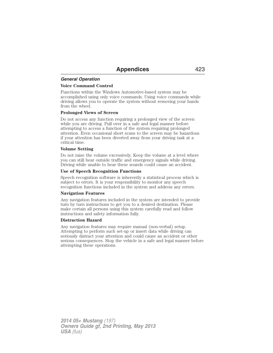 General operation, Appendices 423 | FORD 2014 Mustang v.2 User Manual | Page 424 / 455
