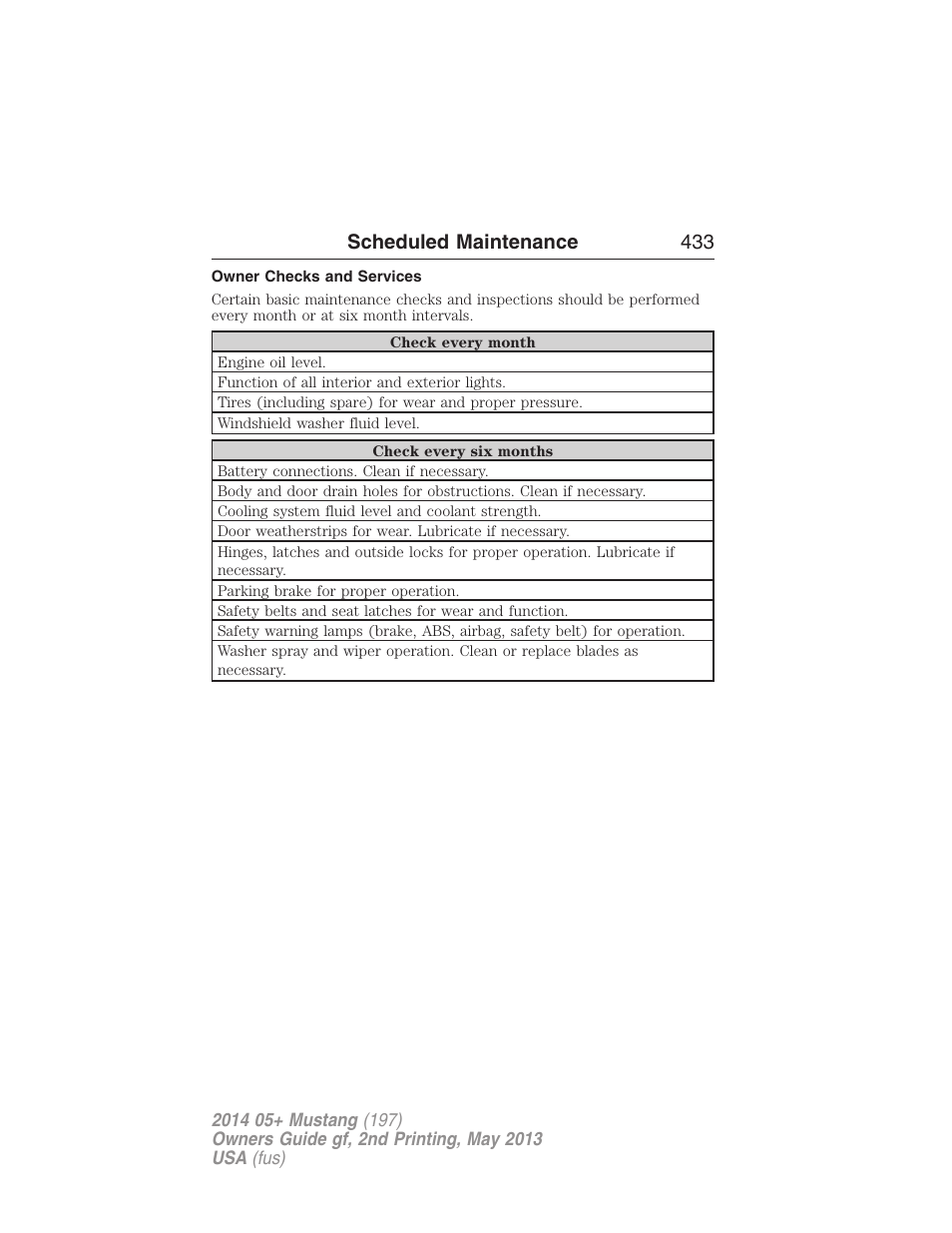 Owner checks and services, Scheduled maintenance 433 | FORD 2014 Mustang v.2 User Manual | Page 434 / 455