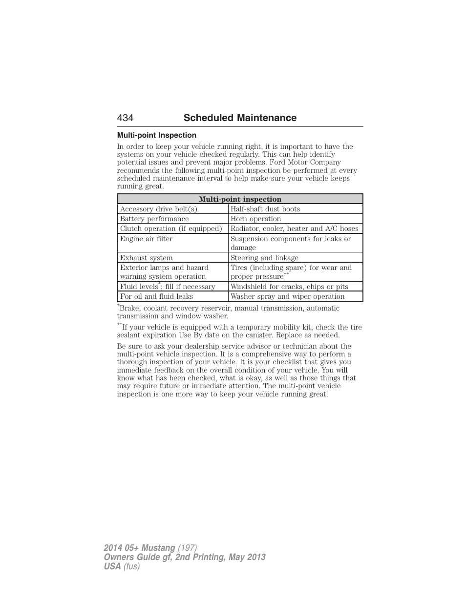 Multi-point inspection, 434 scheduled maintenance | FORD 2014 Mustang v.2 User Manual | Page 435 / 455