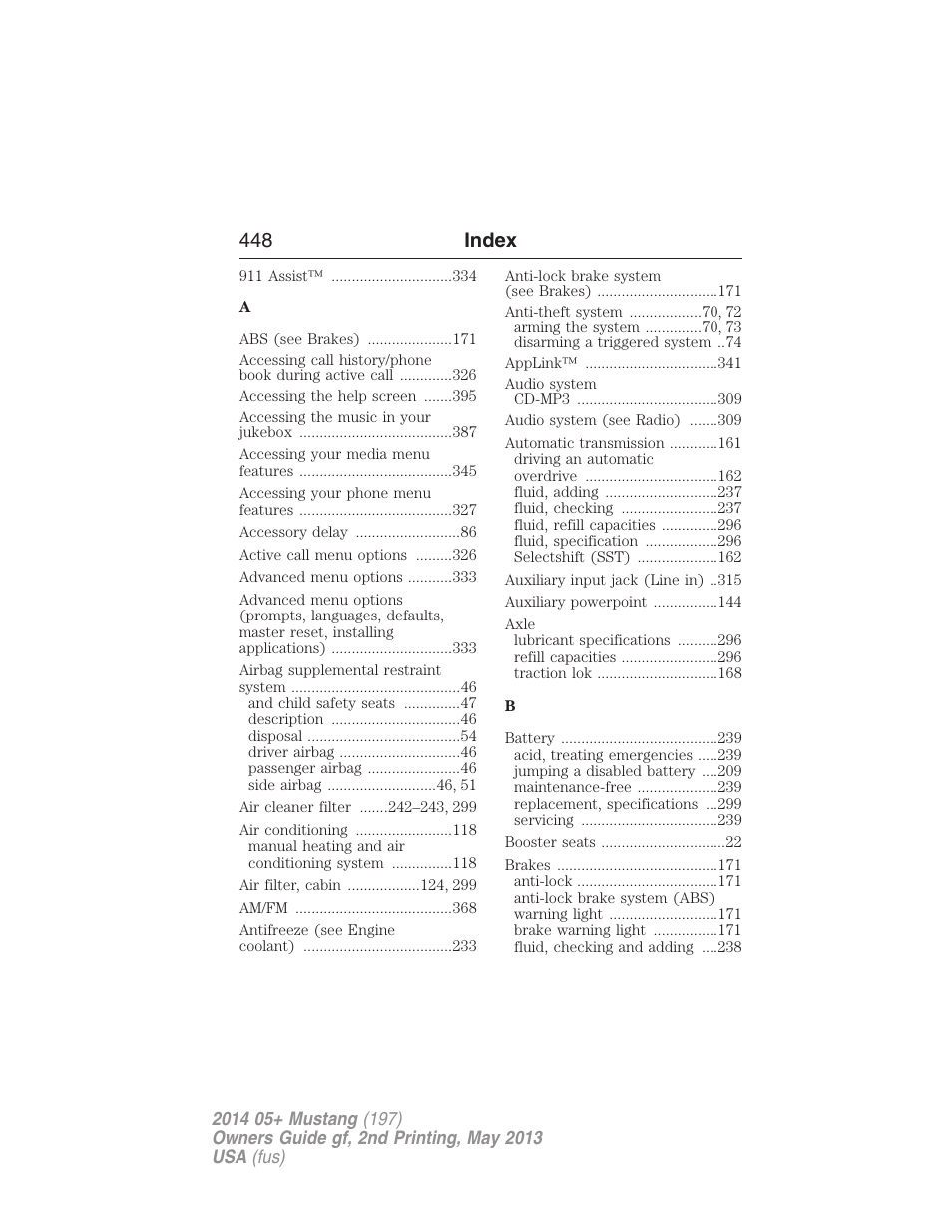 Index, 448 index | FORD 2014 Mustang v.2 User Manual | Page 449 / 455