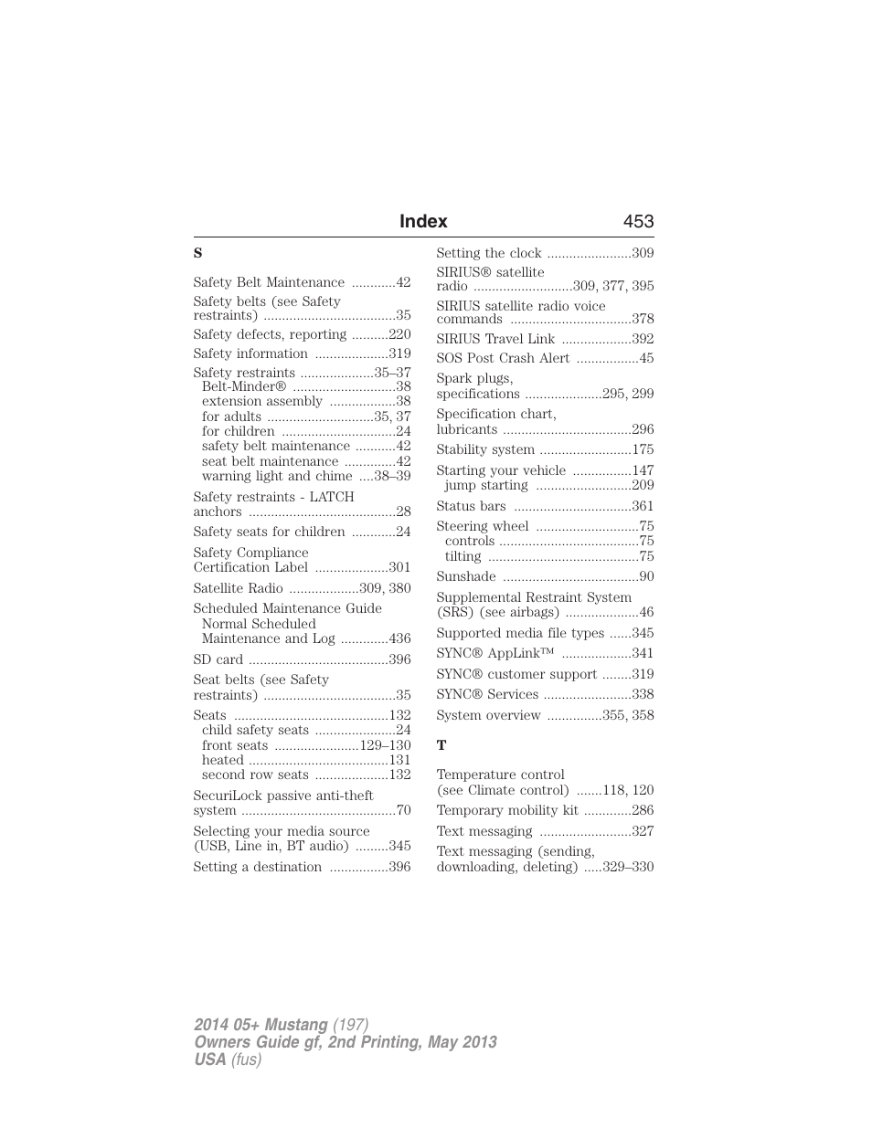 Index 453 | FORD 2014 Mustang v.2 User Manual | Page 454 / 455