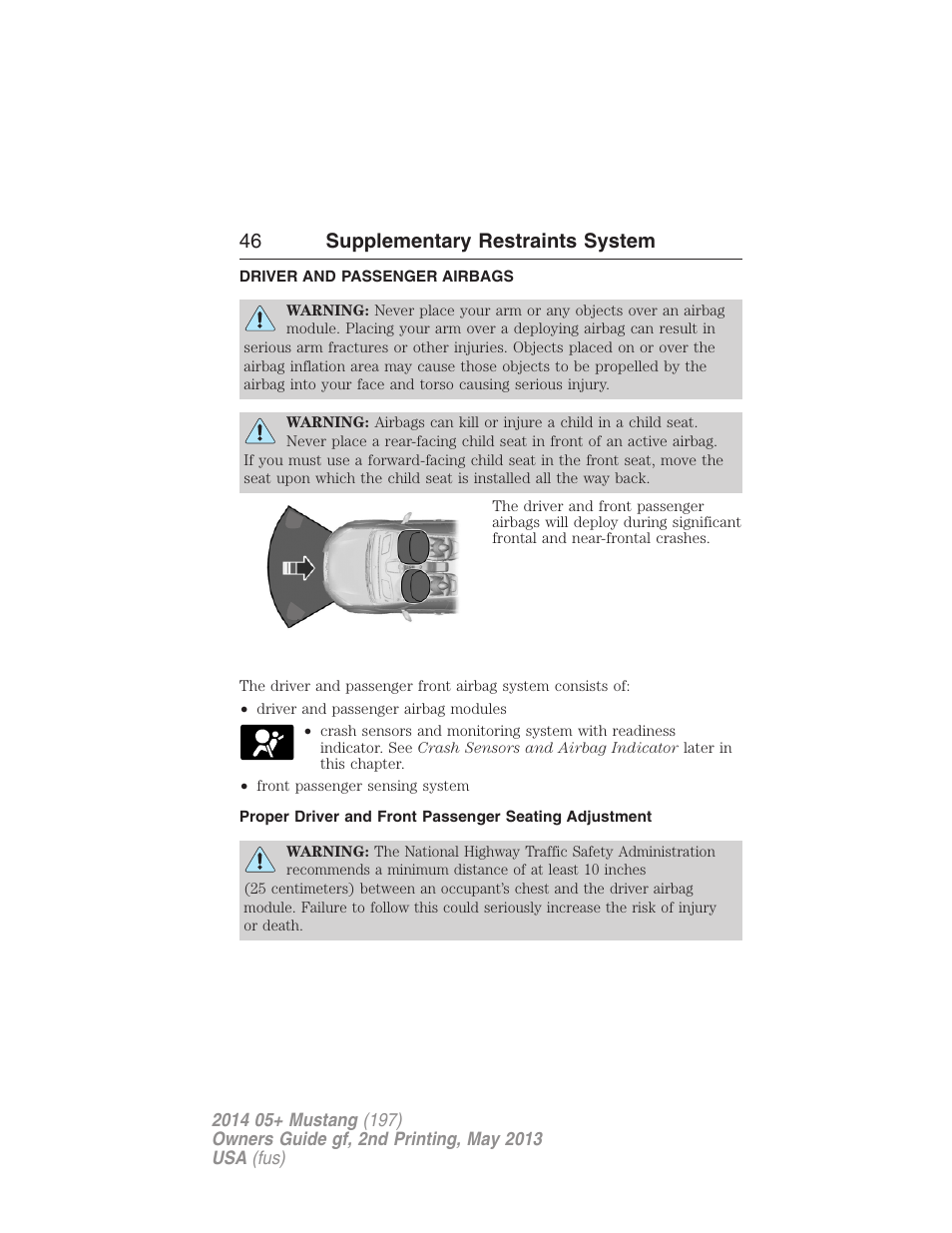 Driver and passenger airbags, 46 supplementary restraints system | FORD 2014 Mustang v.2 User Manual | Page 47 / 455