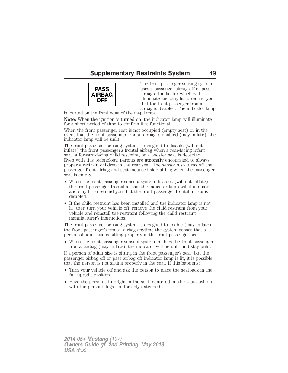 Supplementary restraints system 49 | FORD 2014 Mustang v.2 User Manual | Page 50 / 455