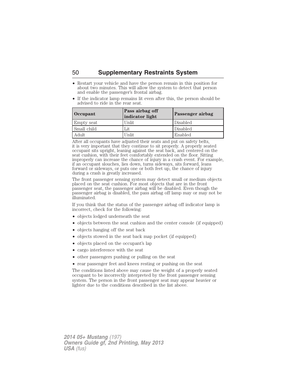 50 supplementary restraints system | FORD 2014 Mustang v.2 User Manual | Page 51 / 455