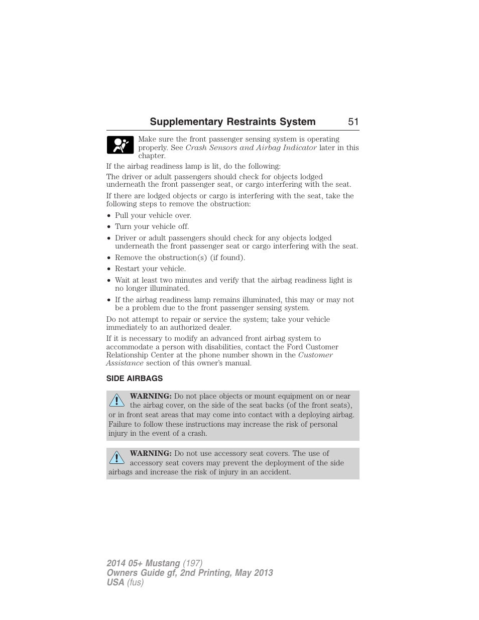 Side airbags, Supplementary restraints system 51 | FORD 2014 Mustang v.2 User Manual | Page 52 / 455