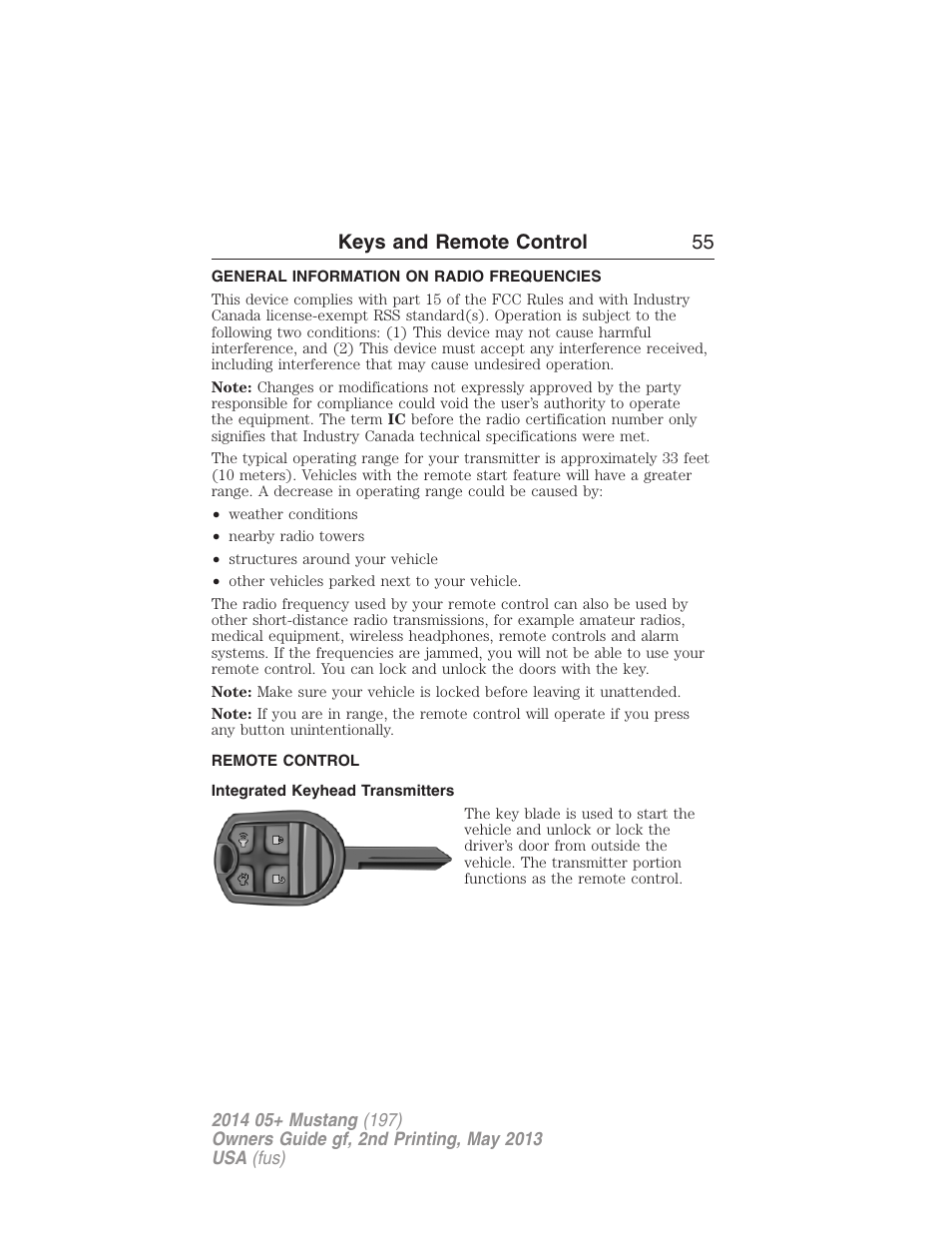 Keys and remote control, General information on radio frequencies, Remote control | Integrated keyhead transmitters, Keys, Keys and remote control 55 | FORD 2014 Mustang v.2 User Manual | Page 56 / 455