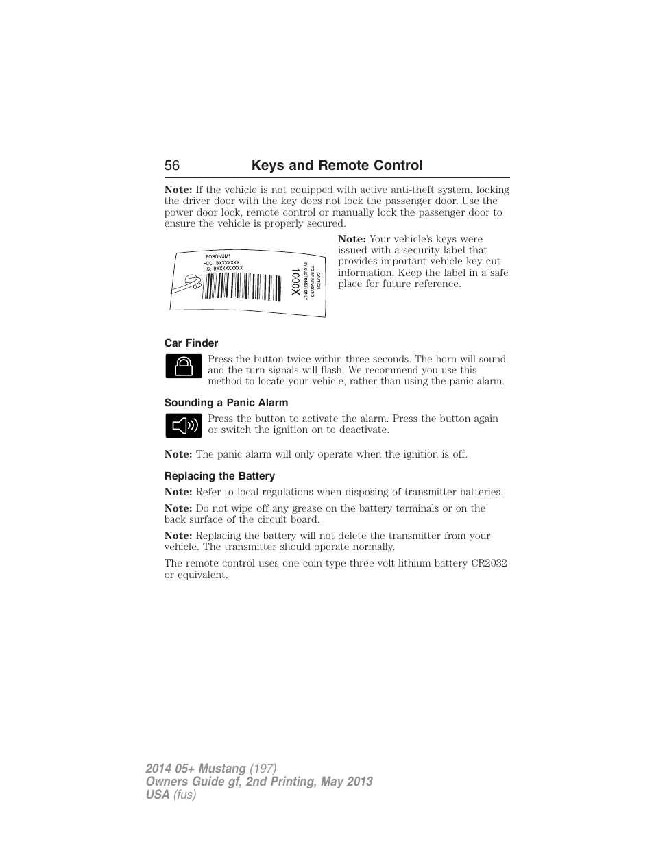 Car finder, Sounding a panic alarm, Replacing the battery | 56 keys and remote control | FORD 2014 Mustang v.2 User Manual | Page 57 / 455