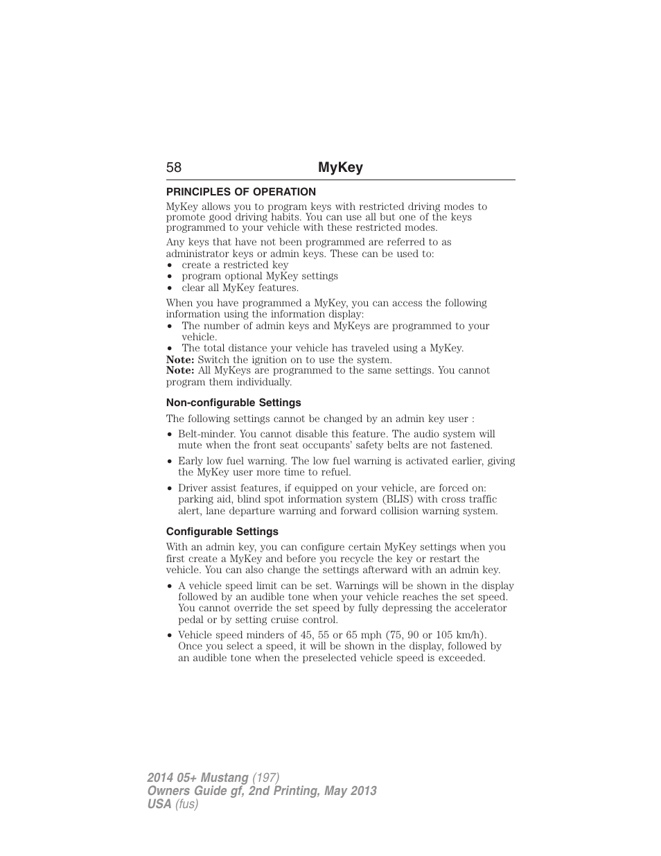 Mykey, Principles of operation, Non-configurable settings | Configurable settings, Settings, mykey, 58 mykey | FORD 2014 Mustang v.2 User Manual | Page 59 / 455