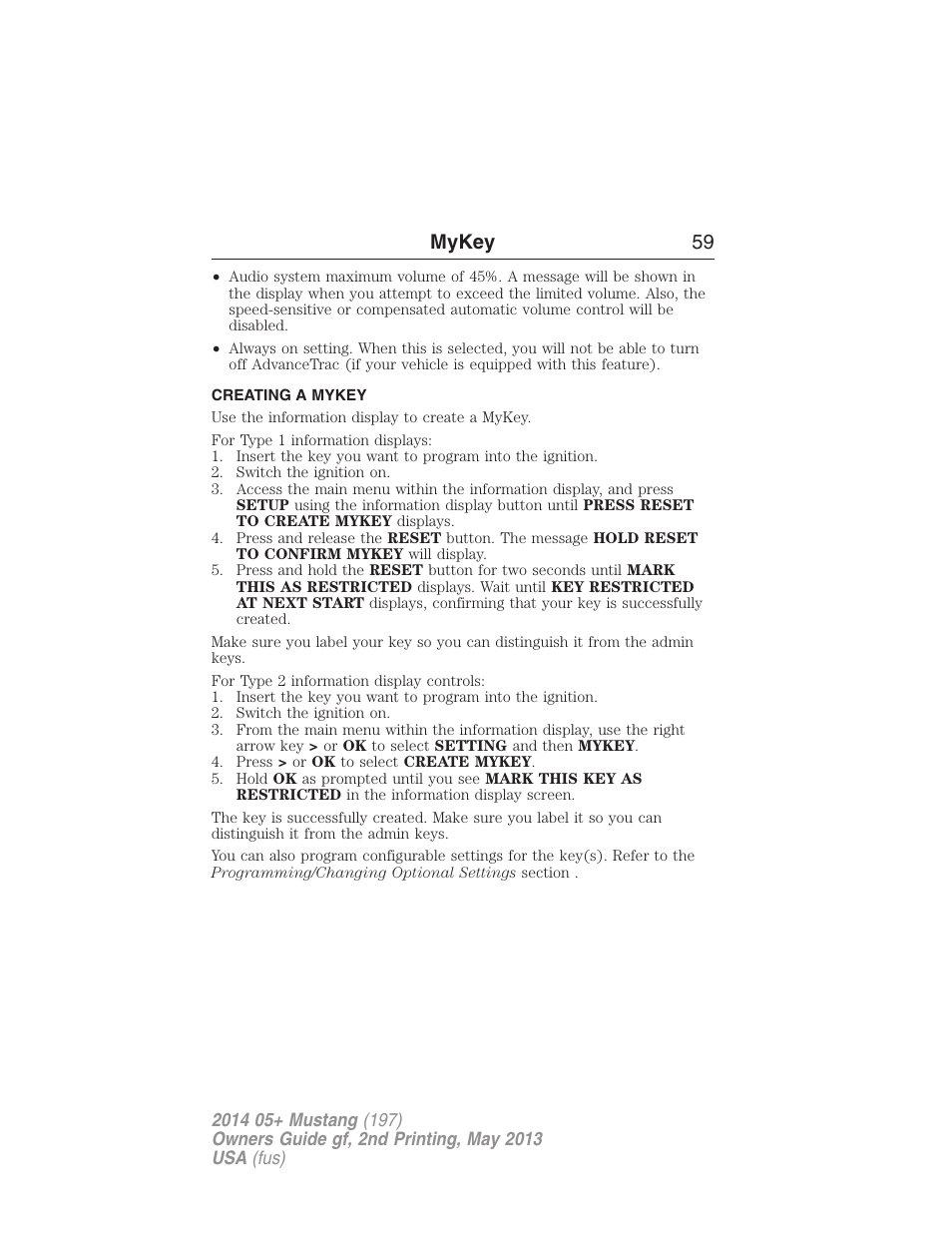 Creating a mykey, Creating, Mykey 59 | FORD 2014 Mustang v.2 User Manual | Page 60 / 455