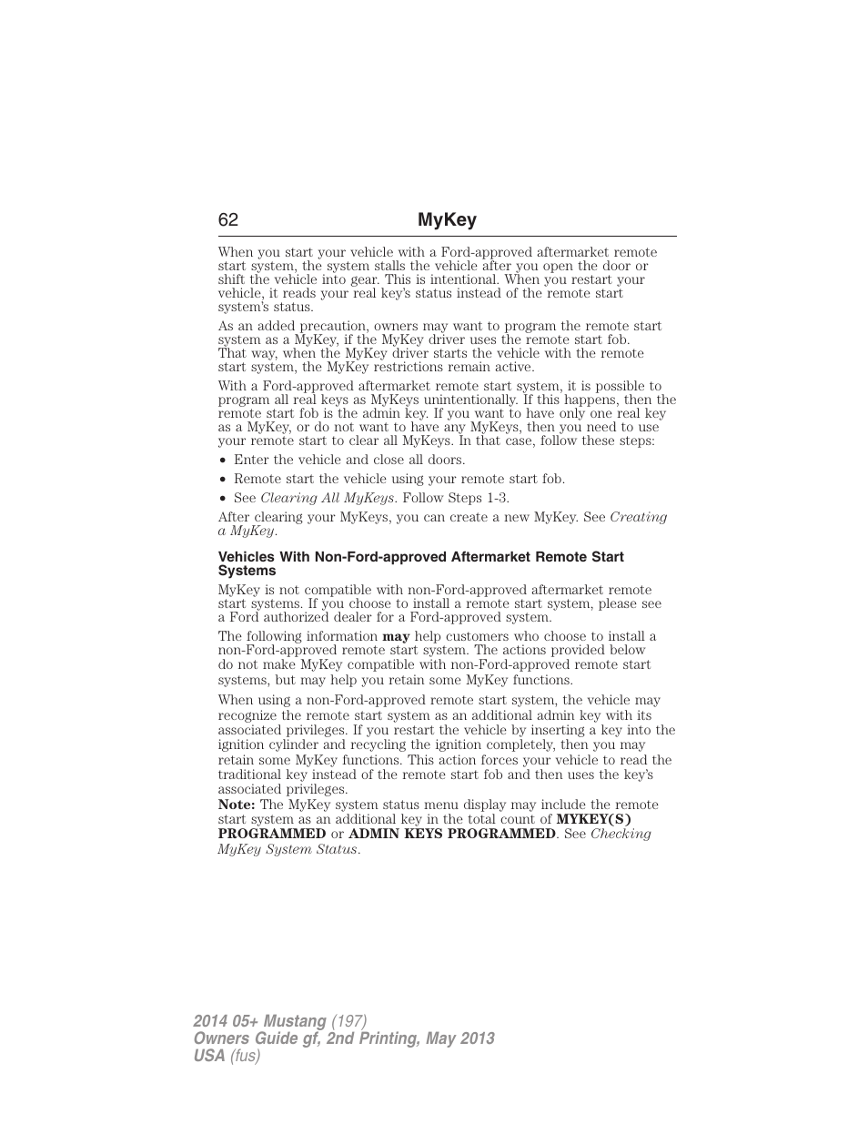62 mykey | FORD 2014 Mustang v.2 User Manual | Page 63 / 455