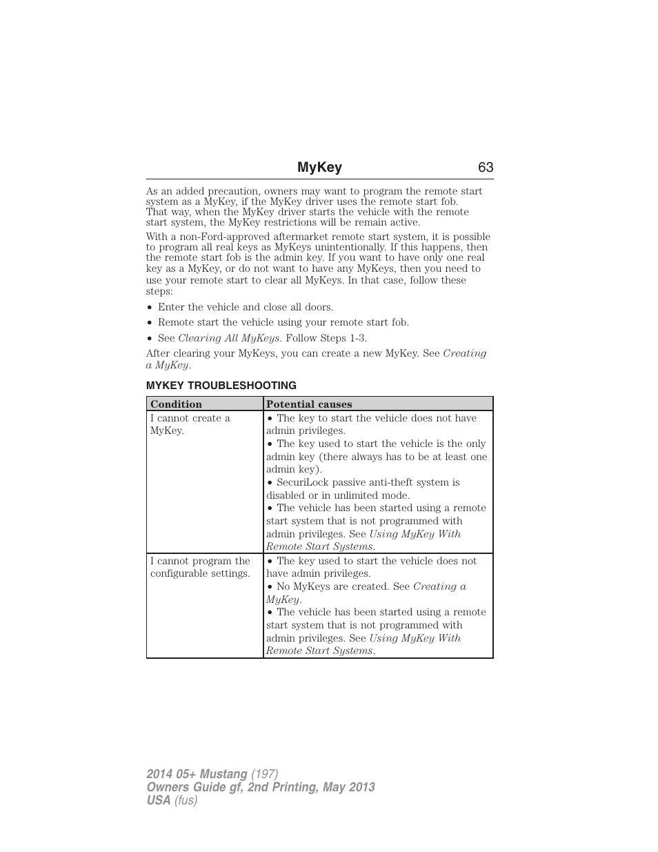 Mykey troubleshooting, Troubleshooting, mykey, Mykey 63 | FORD 2014 Mustang v.2 User Manual | Page 64 / 455