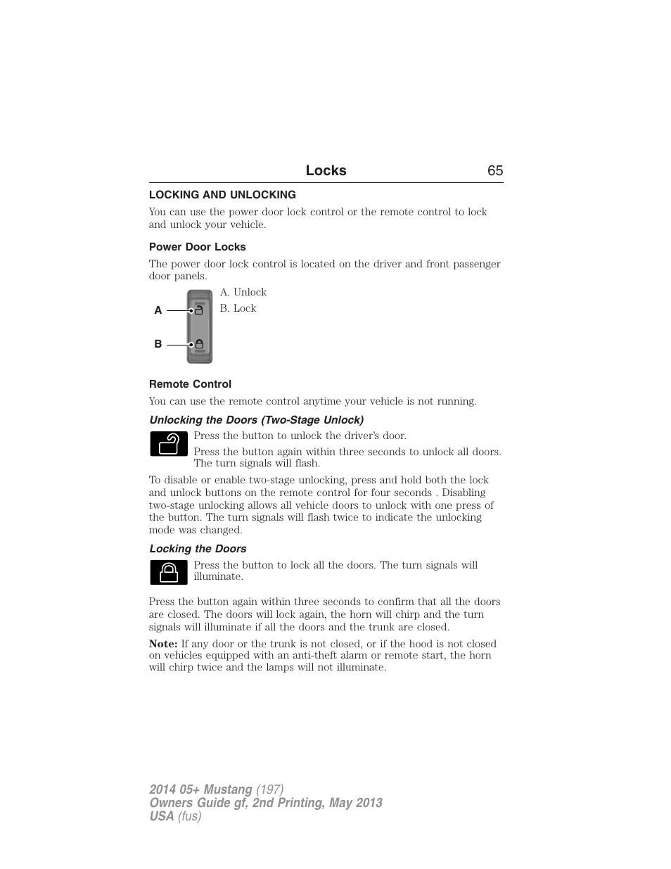 Locks, Locking and unlocking, Power door locks | Remote control, Unlocking the doors (two-stage unlock), Locking the doors, Locks 65 | FORD 2014 Mustang v.2 User Manual | Page 66 / 455