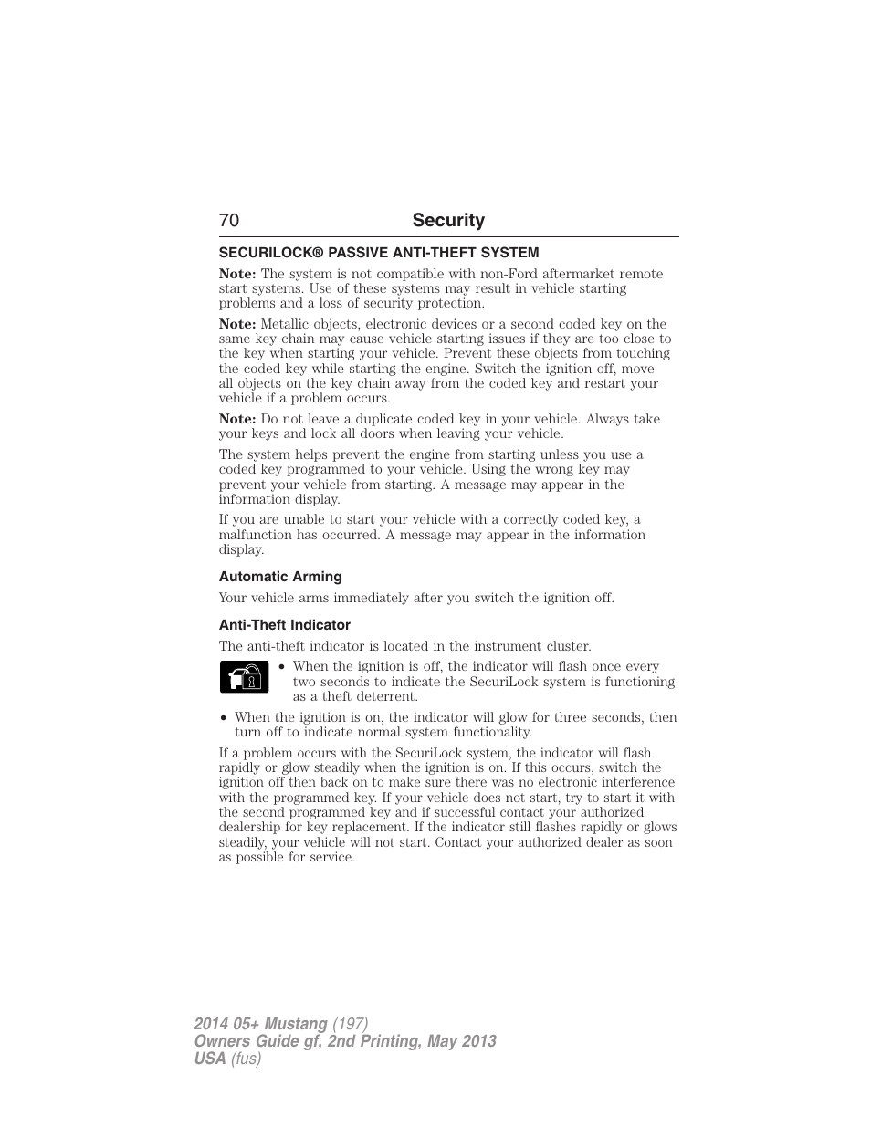 Security, Securilock® passive anti-theft system, Automatic arming | Anti-theft indicator, 70 security | FORD 2014 Mustang v.2 User Manual | Page 71 / 455