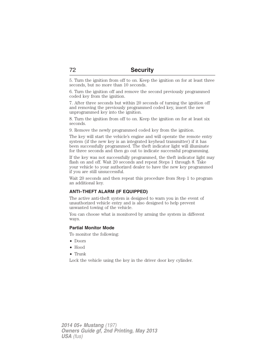 Anti–theft alarm (if equipped), Partial monitor mode, Anti-theft system | 72 security | FORD 2014 Mustang v.2 User Manual | Page 73 / 455