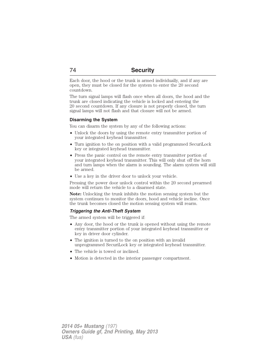Disarming the system, Triggering the anti-theft system, 74 security | FORD 2014 Mustang v.2 User Manual | Page 75 / 455