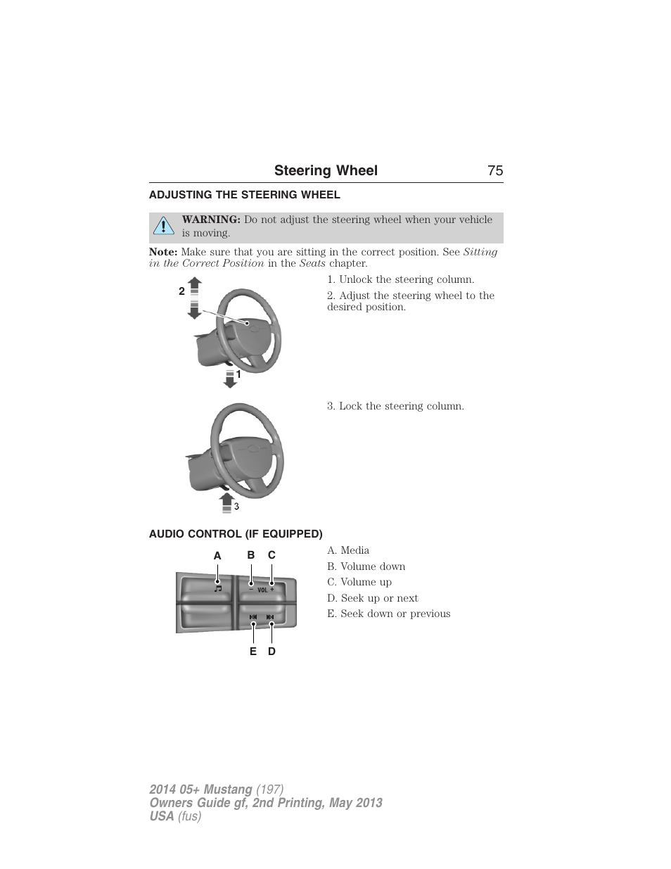 Steering wheel, Adjusting the steering wheel, Audio control (if equipped) | Steering wheel controls, Steering wheel 75 | FORD 2014 Mustang v.2 User Manual | Page 76 / 455