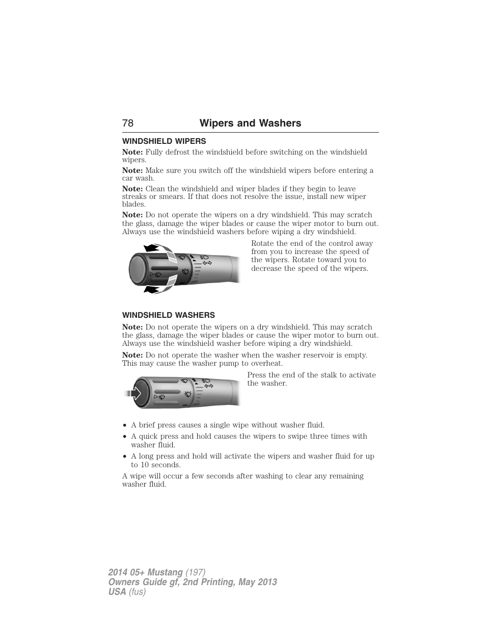 Wipers and washers, Windshield wipers, Windshield washers | 78 wipers and washers | FORD 2014 Mustang v.2 User Manual | Page 79 / 455