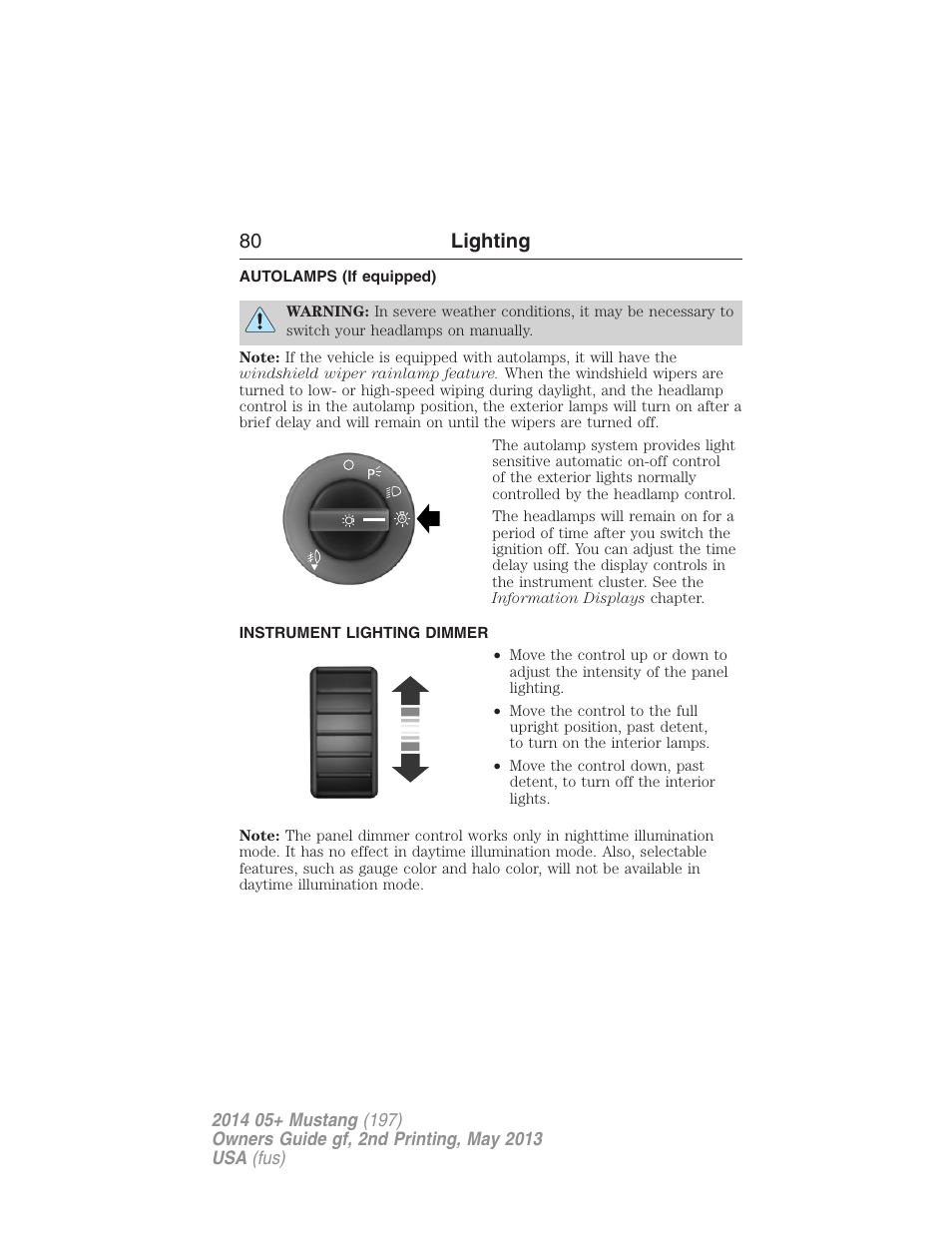 Autolamps (if equipped), Instrument lighting dimmer, Autolamps | 80 lighting | FORD 2014 Mustang v.2 User Manual | Page 81 / 455