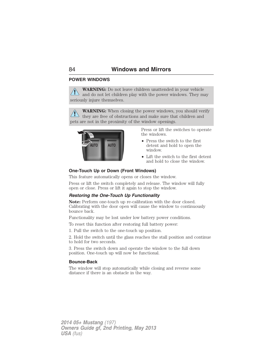 Windows and mirrors, Power windows, One-touch up or down (front windows) | Restoring the one-touch up functionality, Bounce-back, 84 windows and mirrors | FORD 2014 Mustang v.2 User Manual | Page 85 / 455