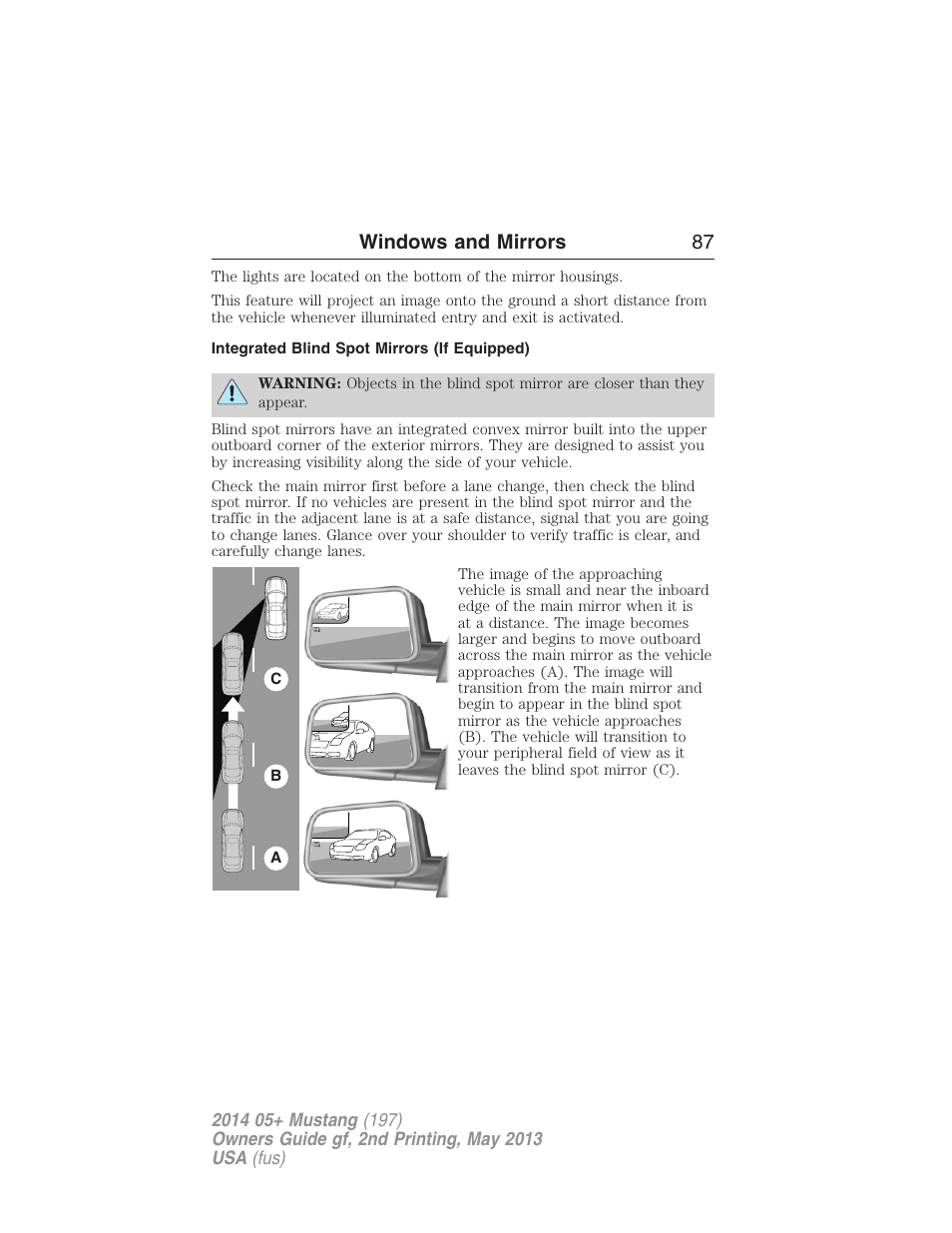 Integrated blind spot mirrors (if equipped), Windows and mirrors 87 | FORD 2014 Mustang v.2 User Manual | Page 88 / 455