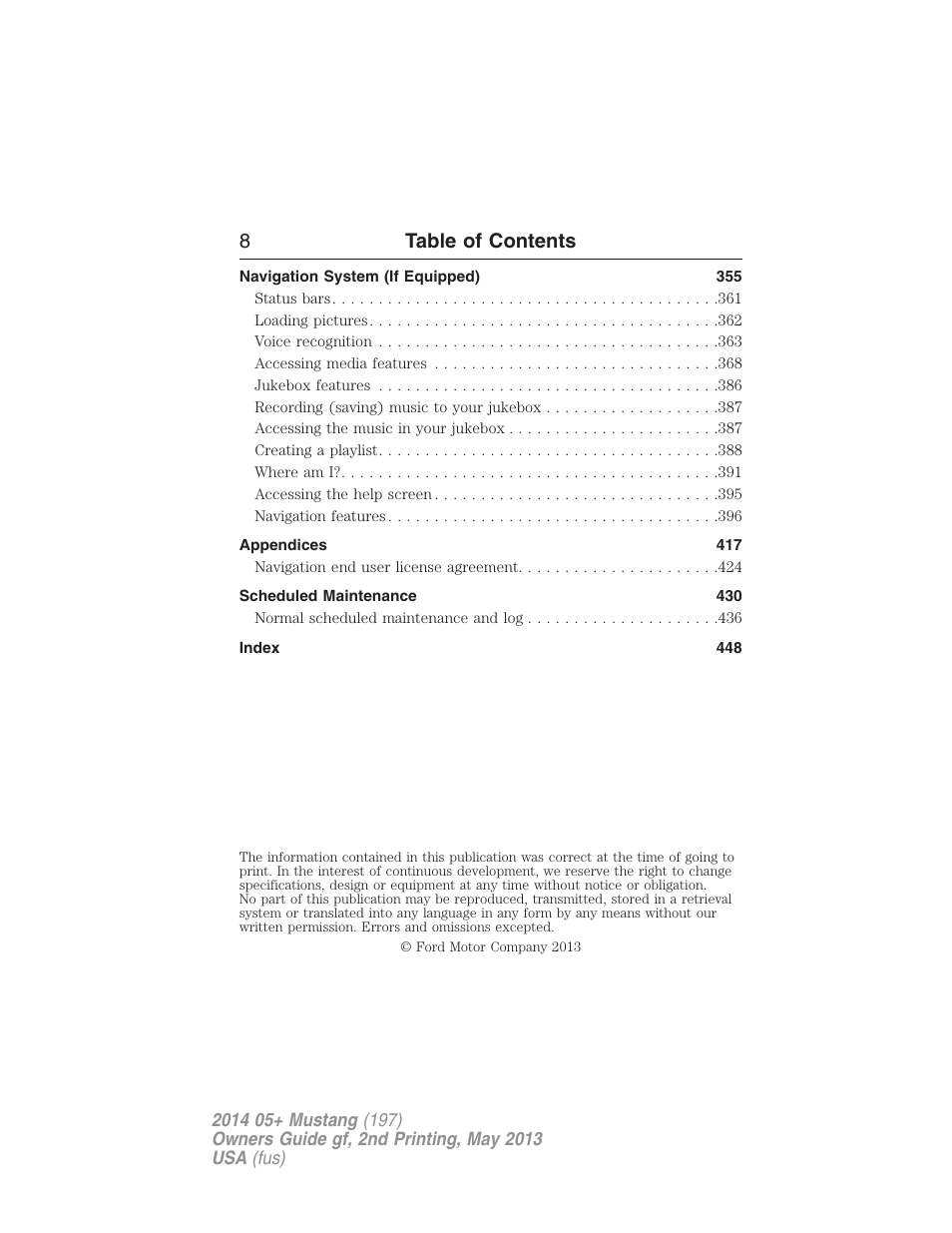 8table of contents | FORD 2014 Mustang v.2 User Manual | Page 9 / 455