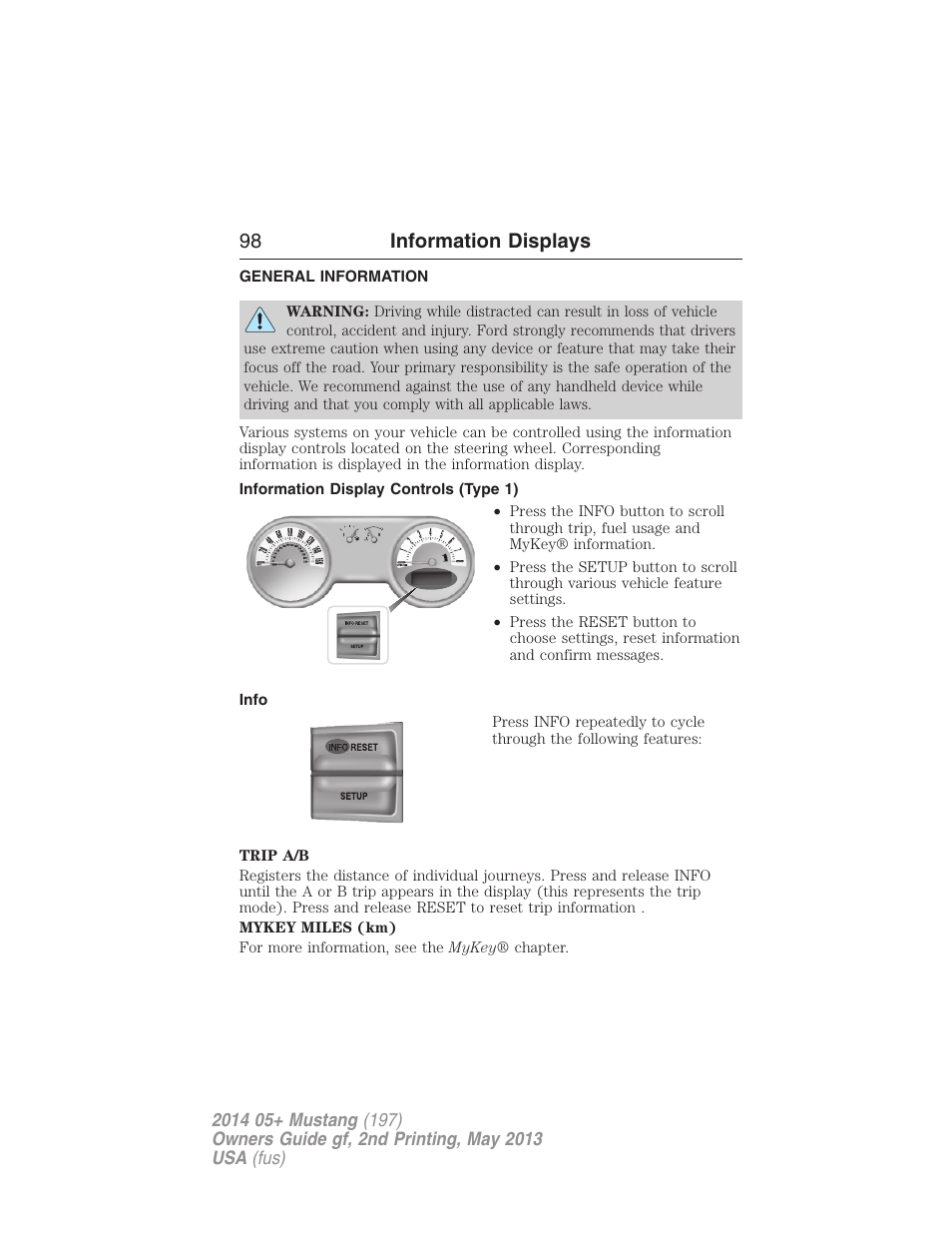 Information displays, General information, Information display controls (type 1) | Info, Controls, 98 information displays | FORD 2014 Mustang v.2 User Manual | Page 99 / 455