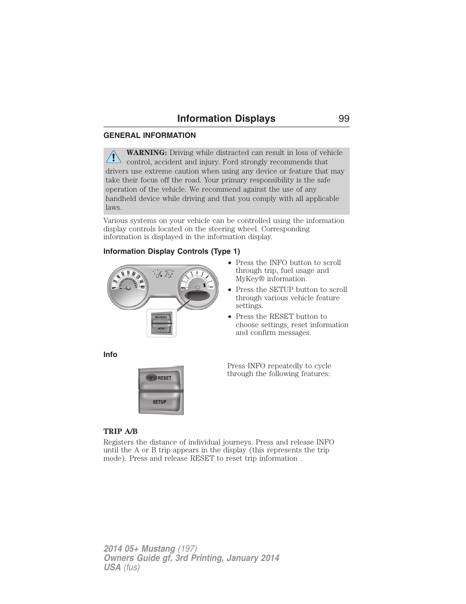Information displays, General information, Information display controls (type 1) | Info, Controls, Information displays 99 | FORD 2014 Mustang v.3 User Manual | Page 100 / 463