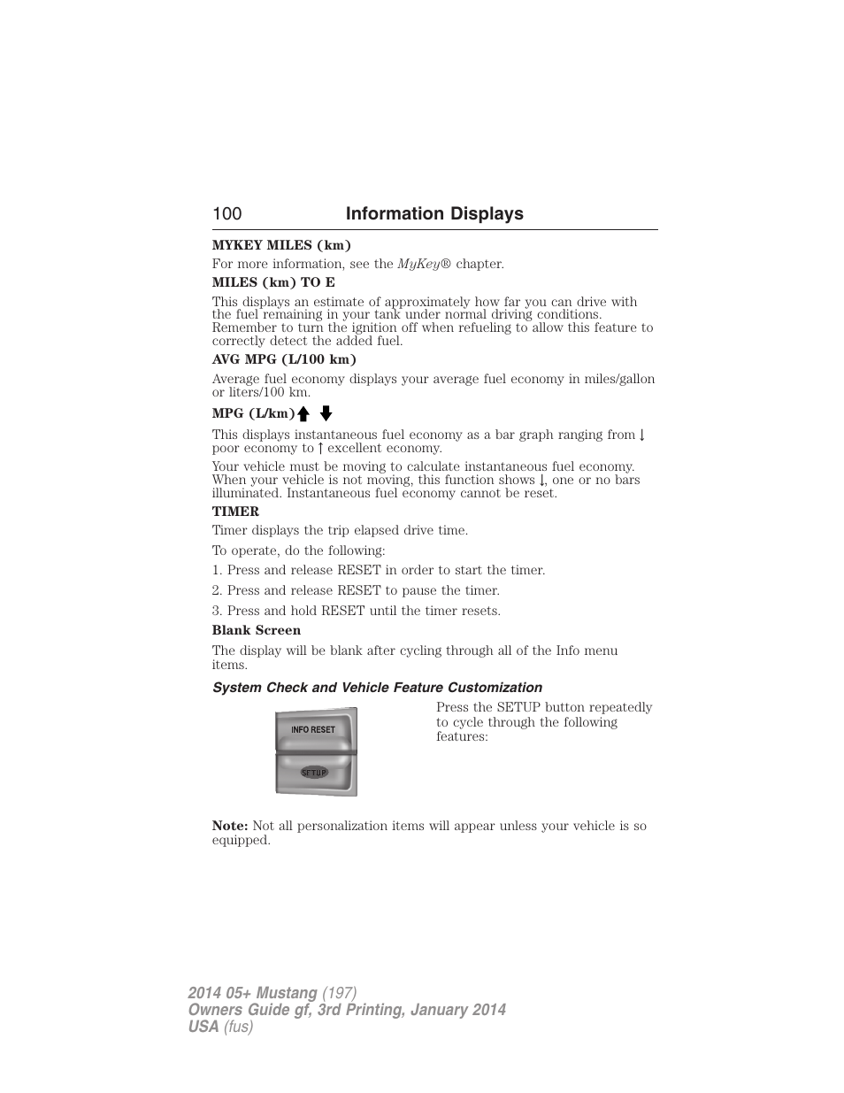System check and vehicle feature customization, 100 information displays | FORD 2014 Mustang v.3 User Manual | Page 101 / 463