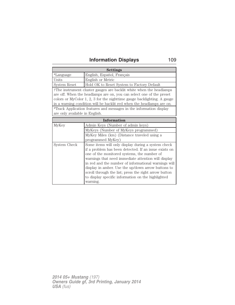 Information displays 109 | FORD 2014 Mustang v.3 User Manual | Page 110 / 463