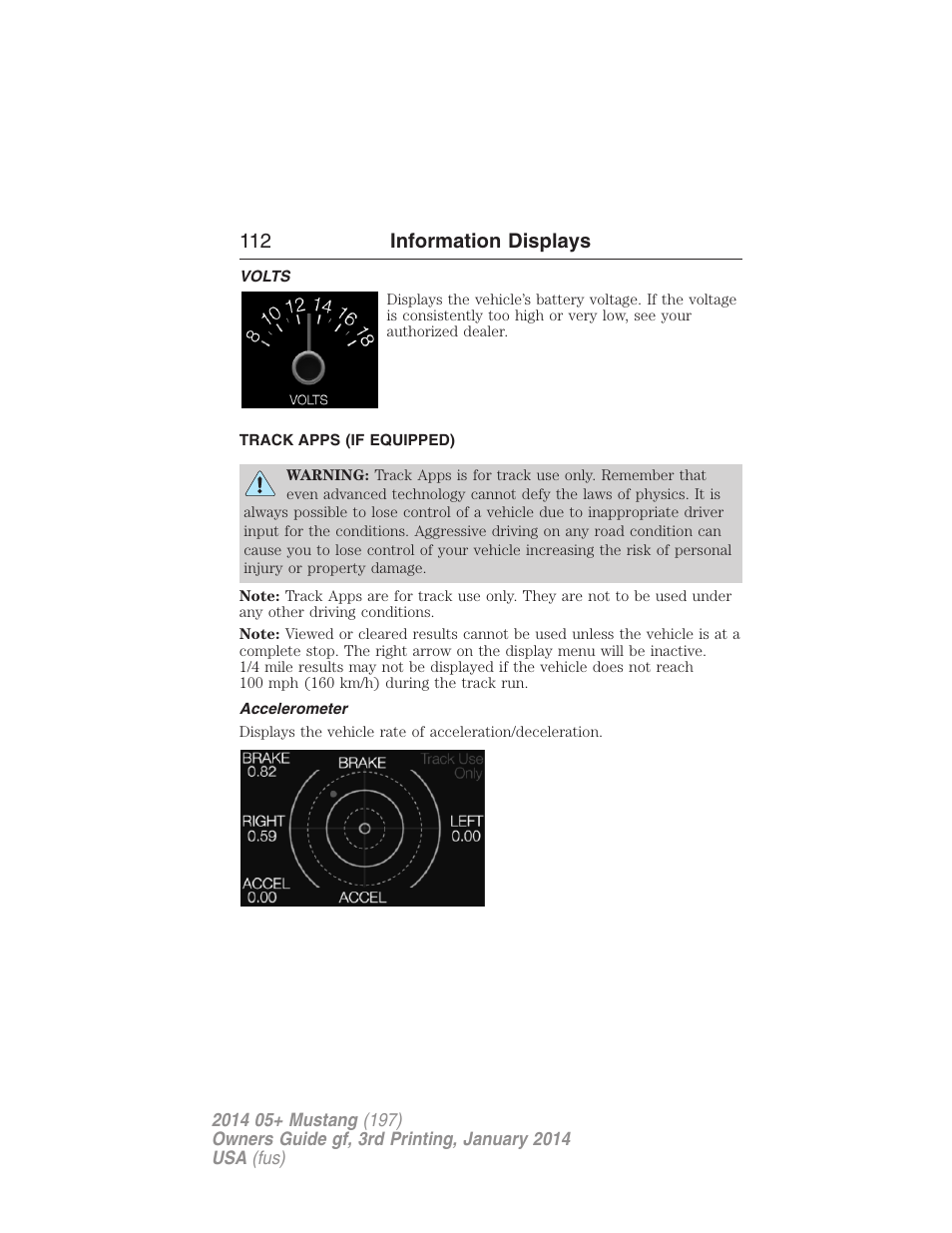 Volts, Track apps (if equipped), Accelerometer | 112 information displays | FORD 2014 Mustang v.3 User Manual | Page 113 / 463