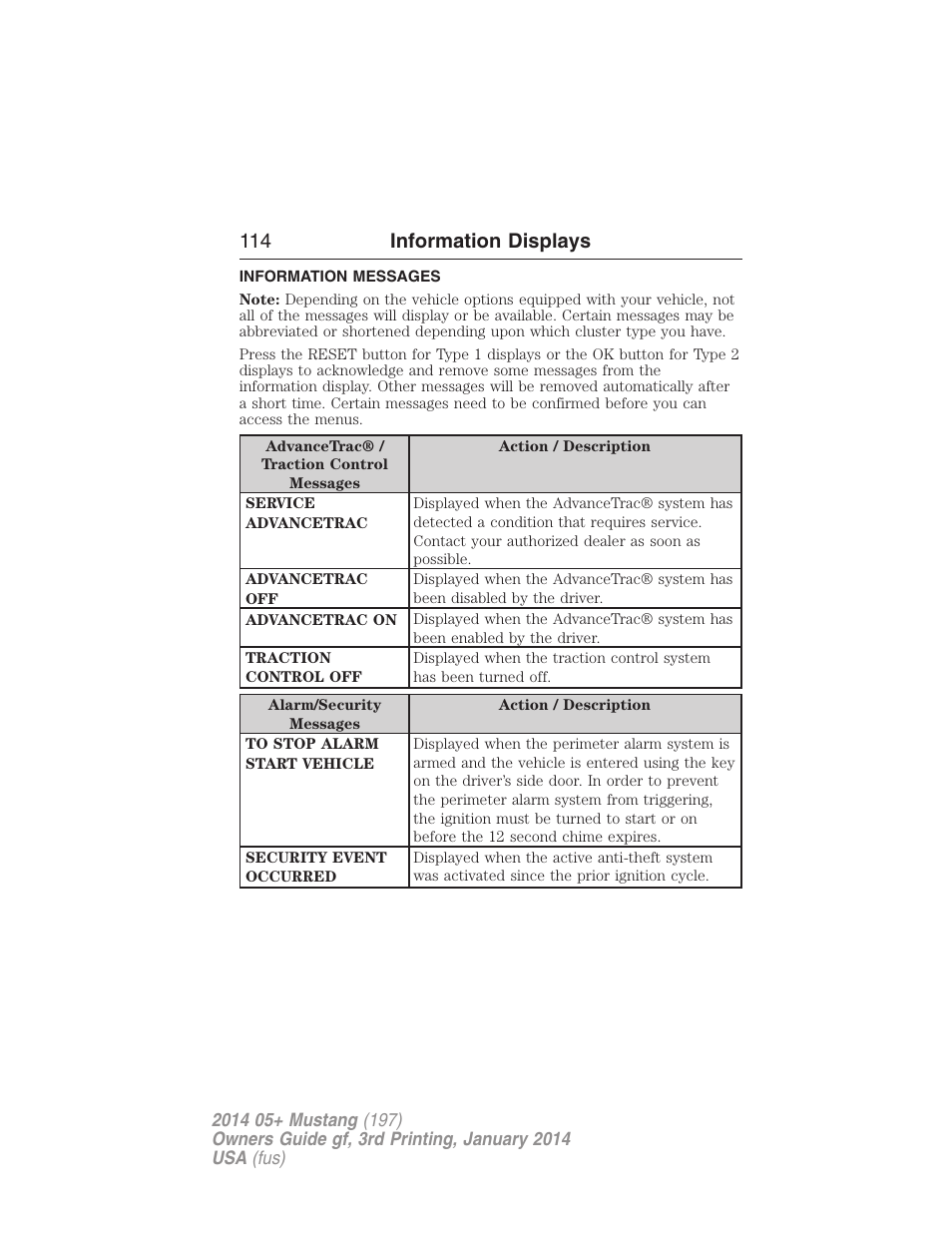 Information messages, 114 information displays | FORD 2014 Mustang v.3 User Manual | Page 115 / 463