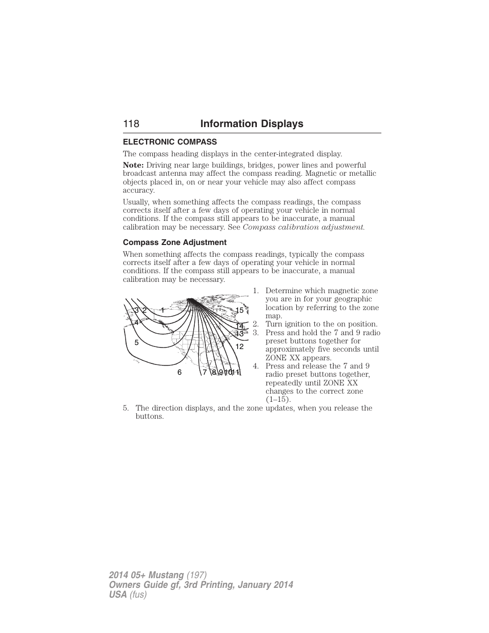 Electronic compass, Compass zone adjustment, 118 information displays | FORD 2014 Mustang v.3 User Manual | Page 119 / 463