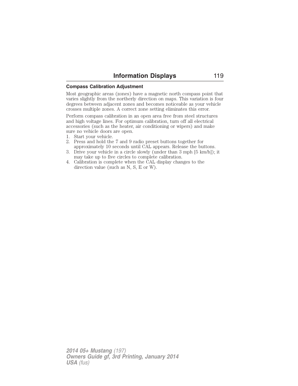 Compass calibration adjustment, Information displays 119 | FORD 2014 Mustang v.3 User Manual | Page 120 / 463