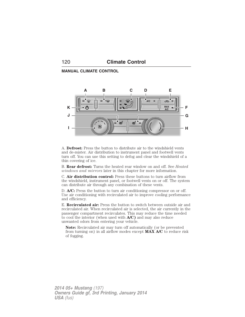 Climate control, Manual climate control, Manual heating and air conditioning | 120 climate control | FORD 2014 Mustang v.3 User Manual | Page 121 / 463