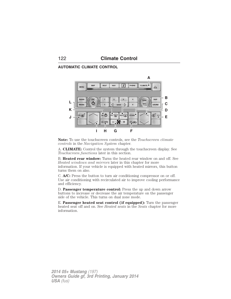 Automatic climate control, Navigation system based climate control, 122 climate control | FORD 2014 Mustang v.3 User Manual | Page 123 / 463