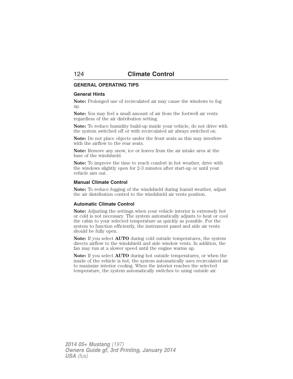 General operating tips, General hints, Manual climate control | Automatic climate control, 124 climate control | FORD 2014 Mustang v.3 User Manual | Page 125 / 463