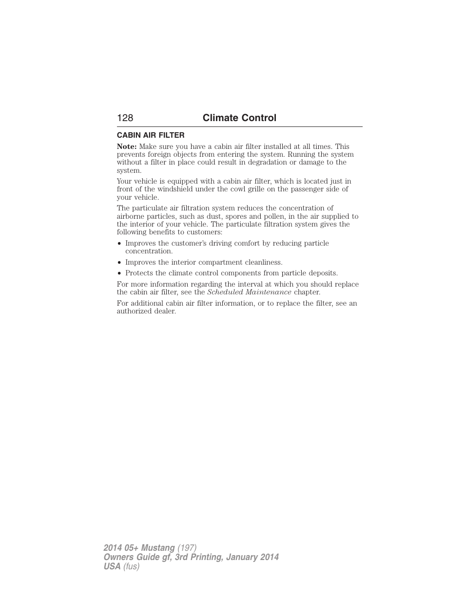 Cabin air filter, 128 climate control | FORD 2014 Mustang v.3 User Manual | Page 129 / 463