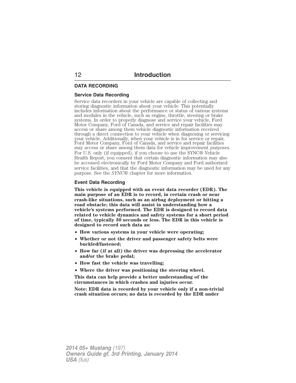 Data recording, Service data recording, Event data recording | 12 introduction | FORD 2014 Mustang v.3 User Manual | Page 13 / 463