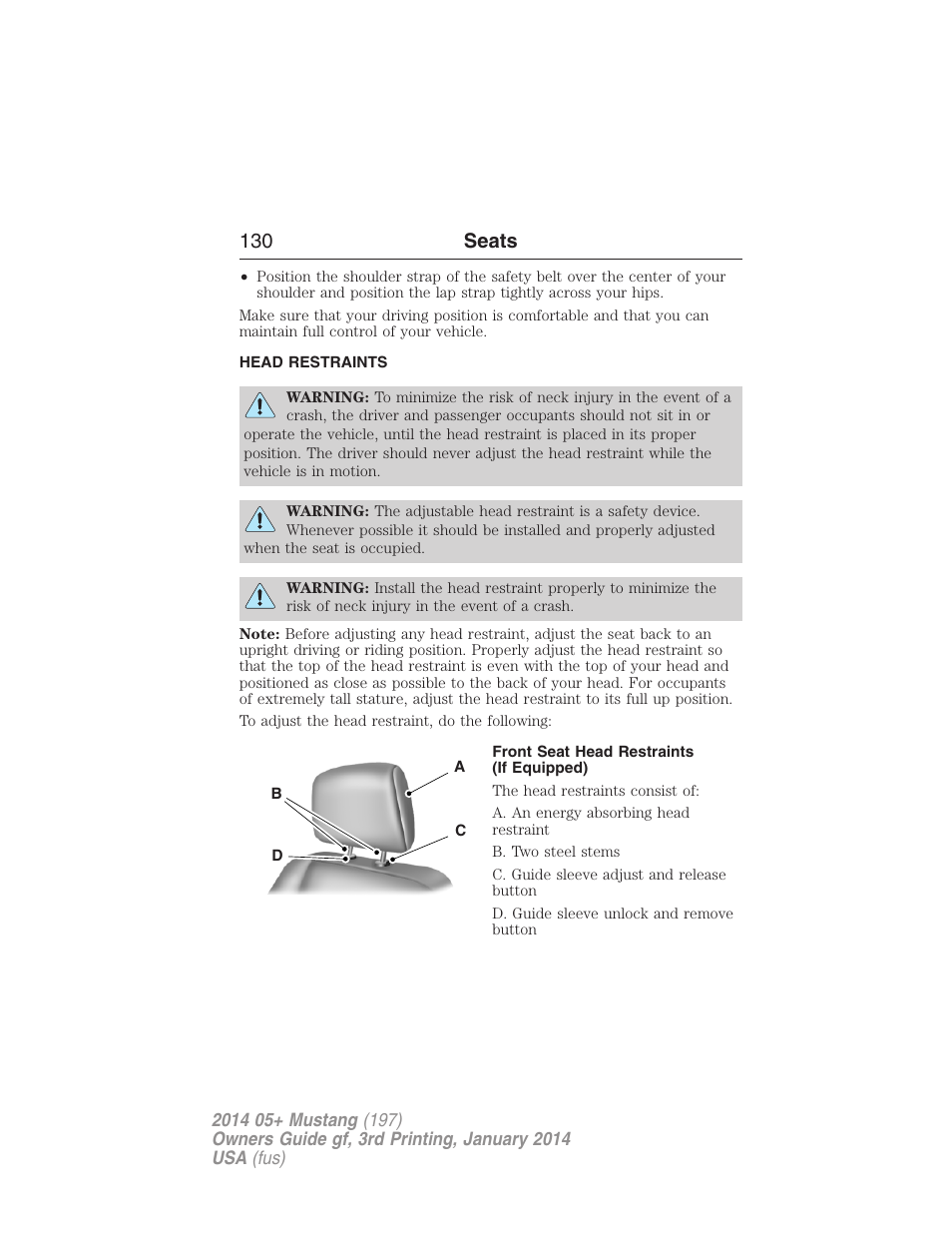 Head restraints, Front seat head restraints (if equipped), 130 seats | FORD 2014 Mustang v.3 User Manual | Page 131 / 463