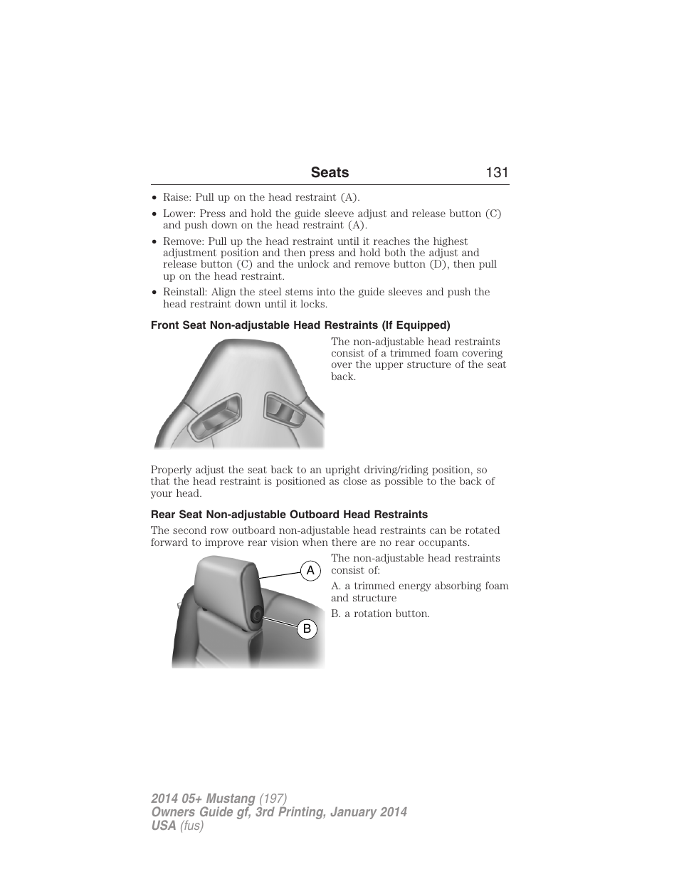 Rear seat non-adjustable outboard head restraints, Seats 131 | FORD 2014 Mustang v.3 User Manual | Page 132 / 463