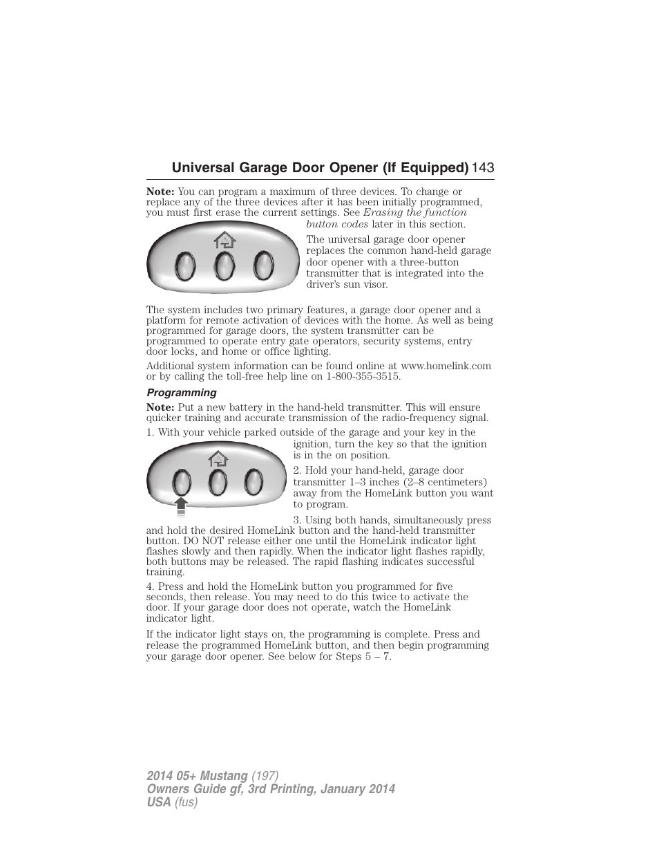 Programming, Universal garage door opener (if equipped) 143 | FORD 2014 Mustang v.3 User Manual | Page 144 / 463