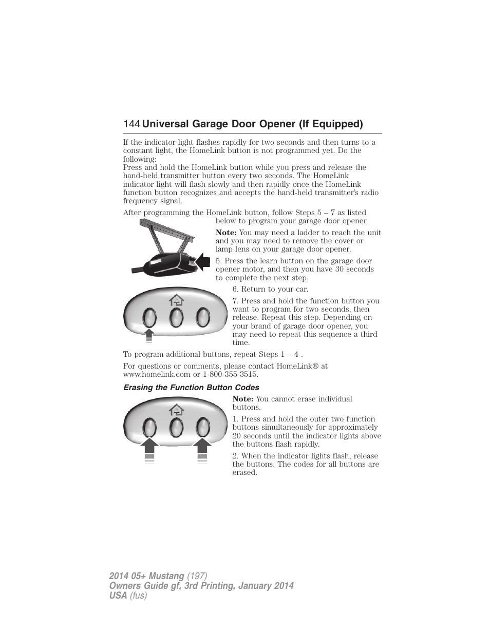 Erasing the function button codes, 144 universal garage door opener (if equipped) | FORD 2014 Mustang v.3 User Manual | Page 145 / 463