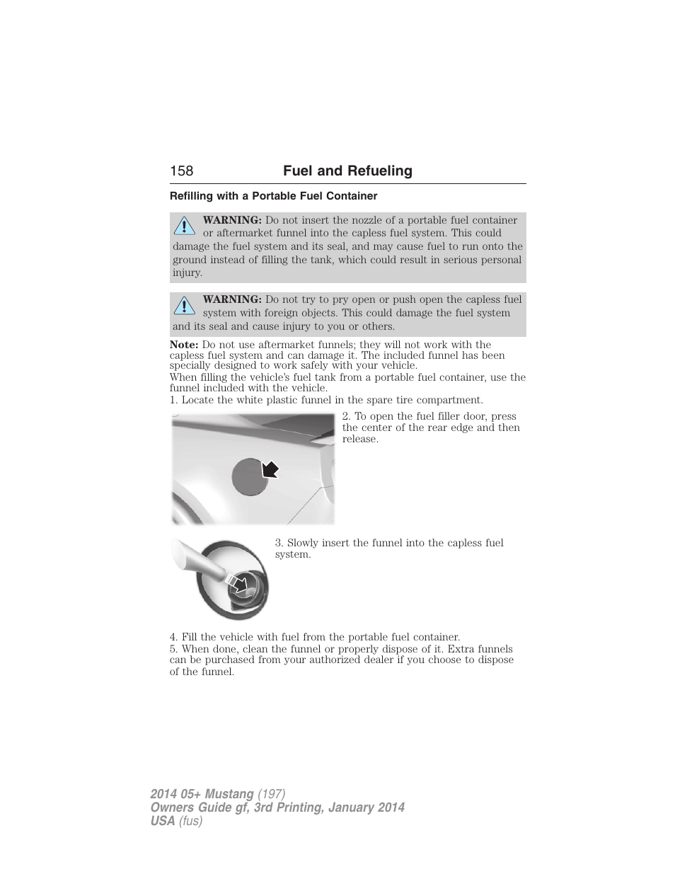 Refilling with a portable fuel container, 158 fuel and refueling | FORD 2014 Mustang v.3 User Manual | Page 159 / 463