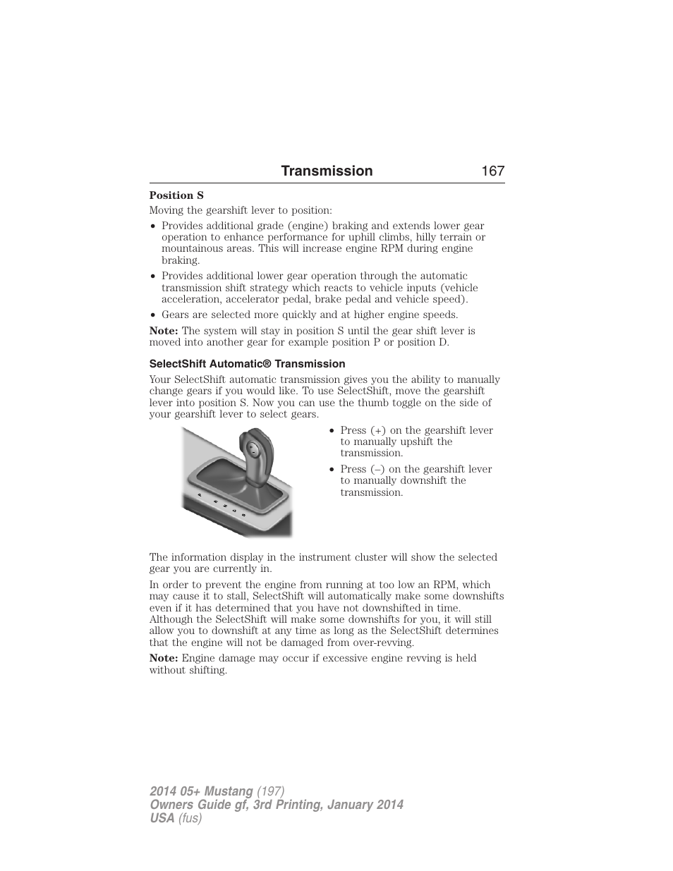 Selectshift automatic® transmission, Transmission 167 | FORD 2014 Mustang v.3 User Manual | Page 168 / 463