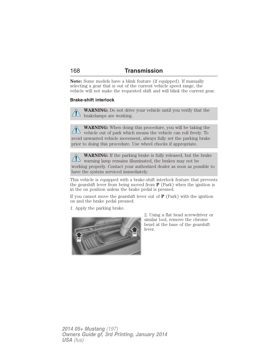 Brake-shift interlock, 168 transmission | FORD 2014 Mustang v.3 User Manual | Page 169 / 463