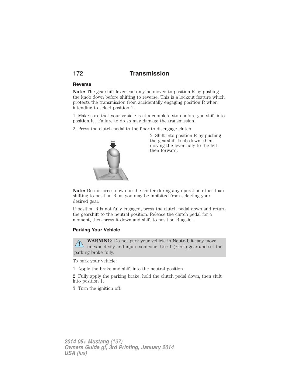 Reverse, Parking your vehicle, 172 transmission | FORD 2014 Mustang v.3 User Manual | Page 173 / 463